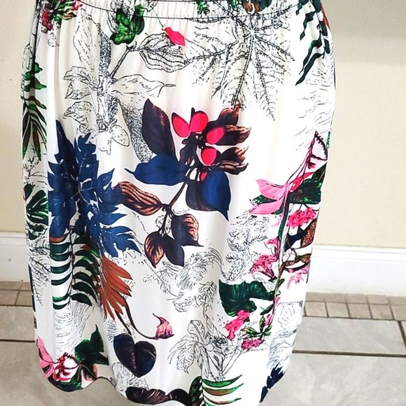 Retro 90s White Floral Tropical Beachy Surplice Flowy Jersey Mini Dress - Picture 4 of 6